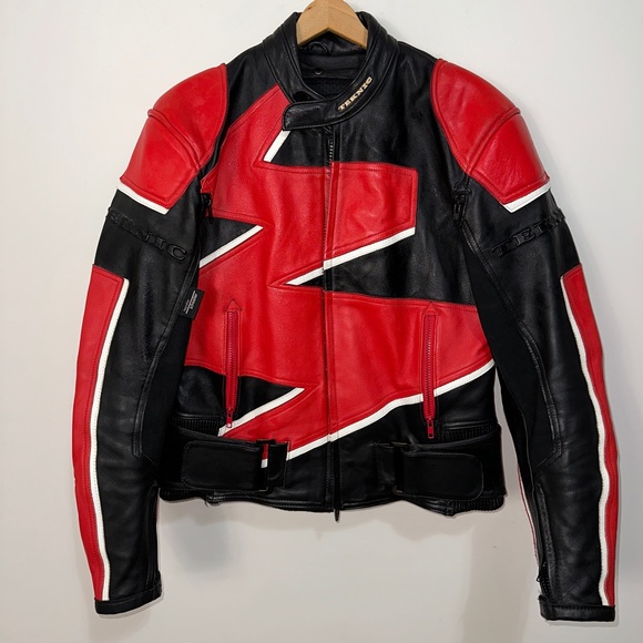 Red & Black Zigzag Lightening Strike Genuine Leather Motorcycle Jacket - Picture 2 of 12